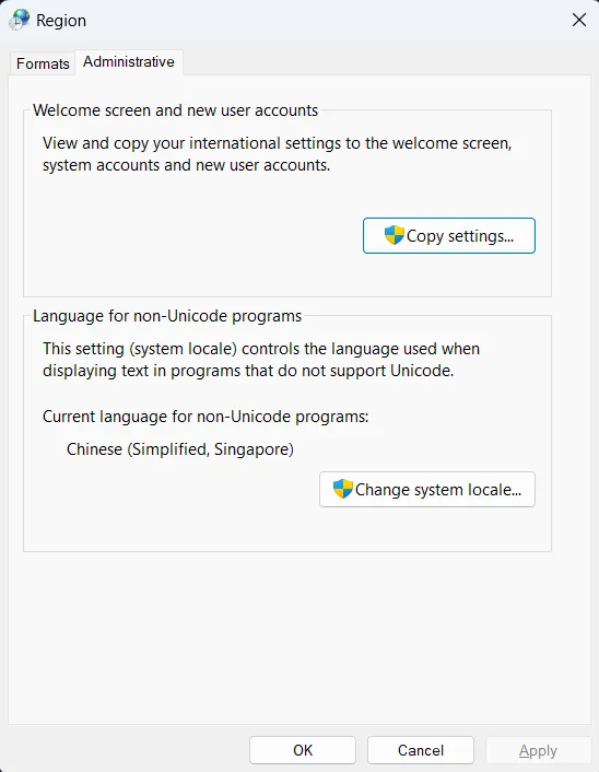 更改Windows上的"Language for non-Unicode programs"（非Unicode程序的语言）设置